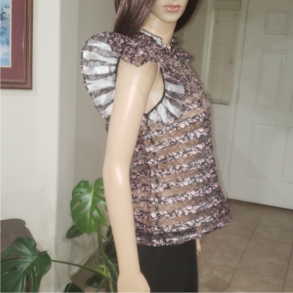 Jill Stuart Size S Semi sheer mixed pattern stripe & floral ruffle burst sleeve - Picture 14 of 16